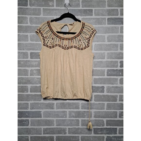 Embroidered Boho Top With Tassel Drawstring Hem & Keyhole Back - Picture 3 of 14